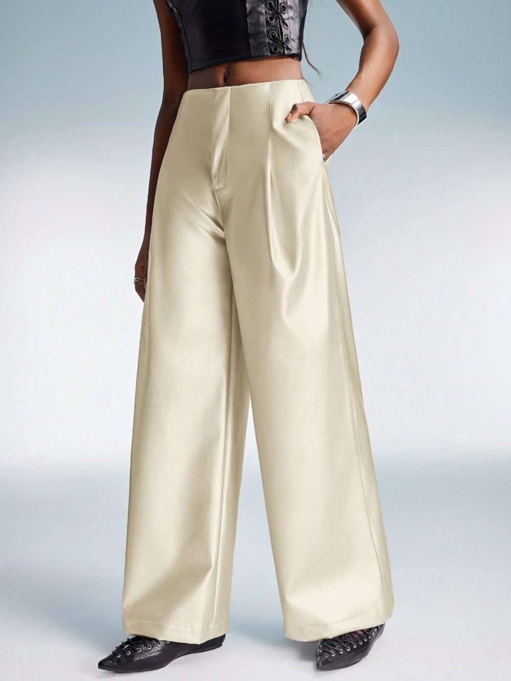 Beige Casual Women's Waist Cinched Wide Leg Straight Pants - Picture 4 of 5